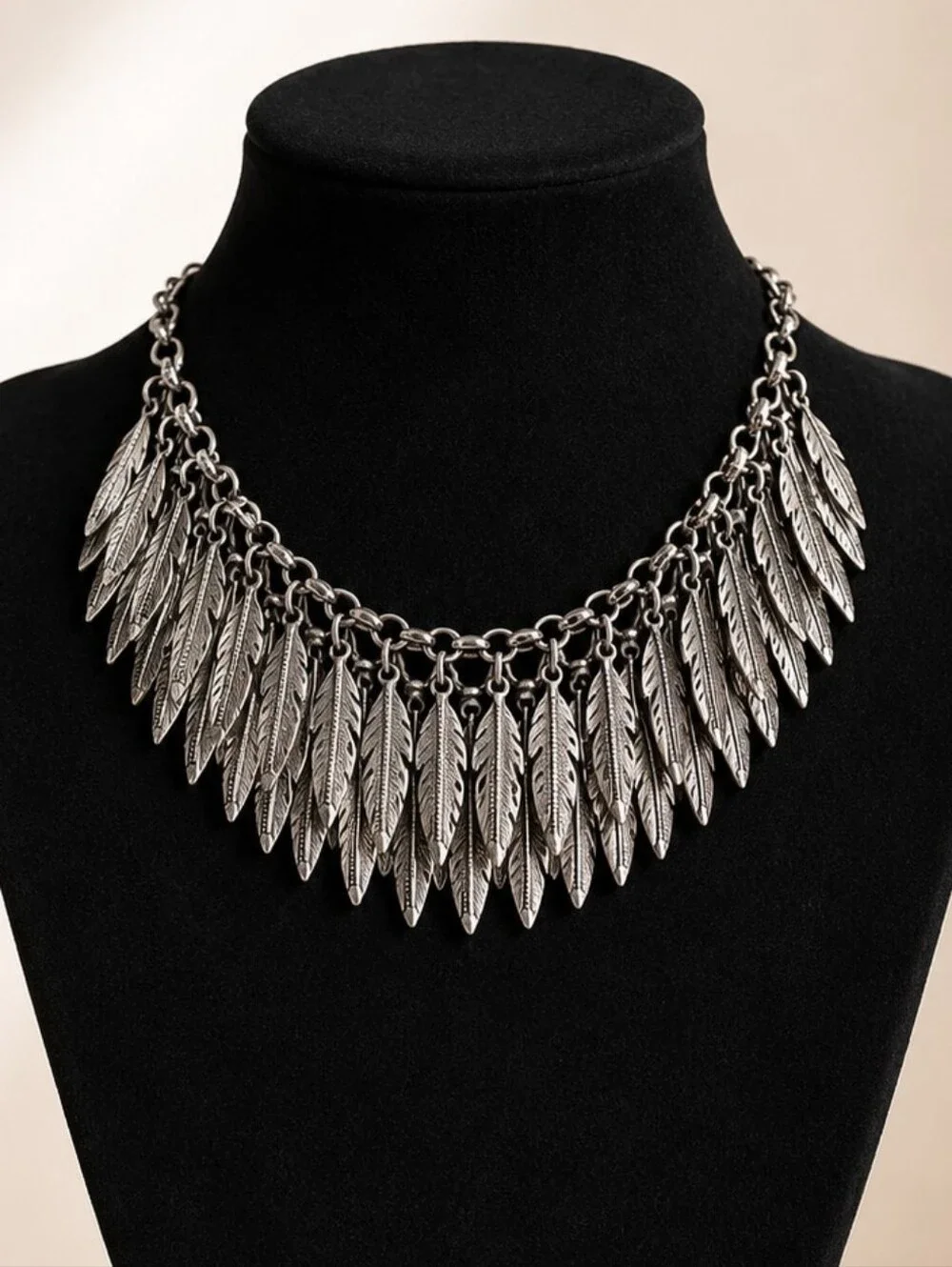 BOHO BURNISHED SILVER MULTI LAYER FEATHER BIB STATEMENT NECKLACE FESTIVAL